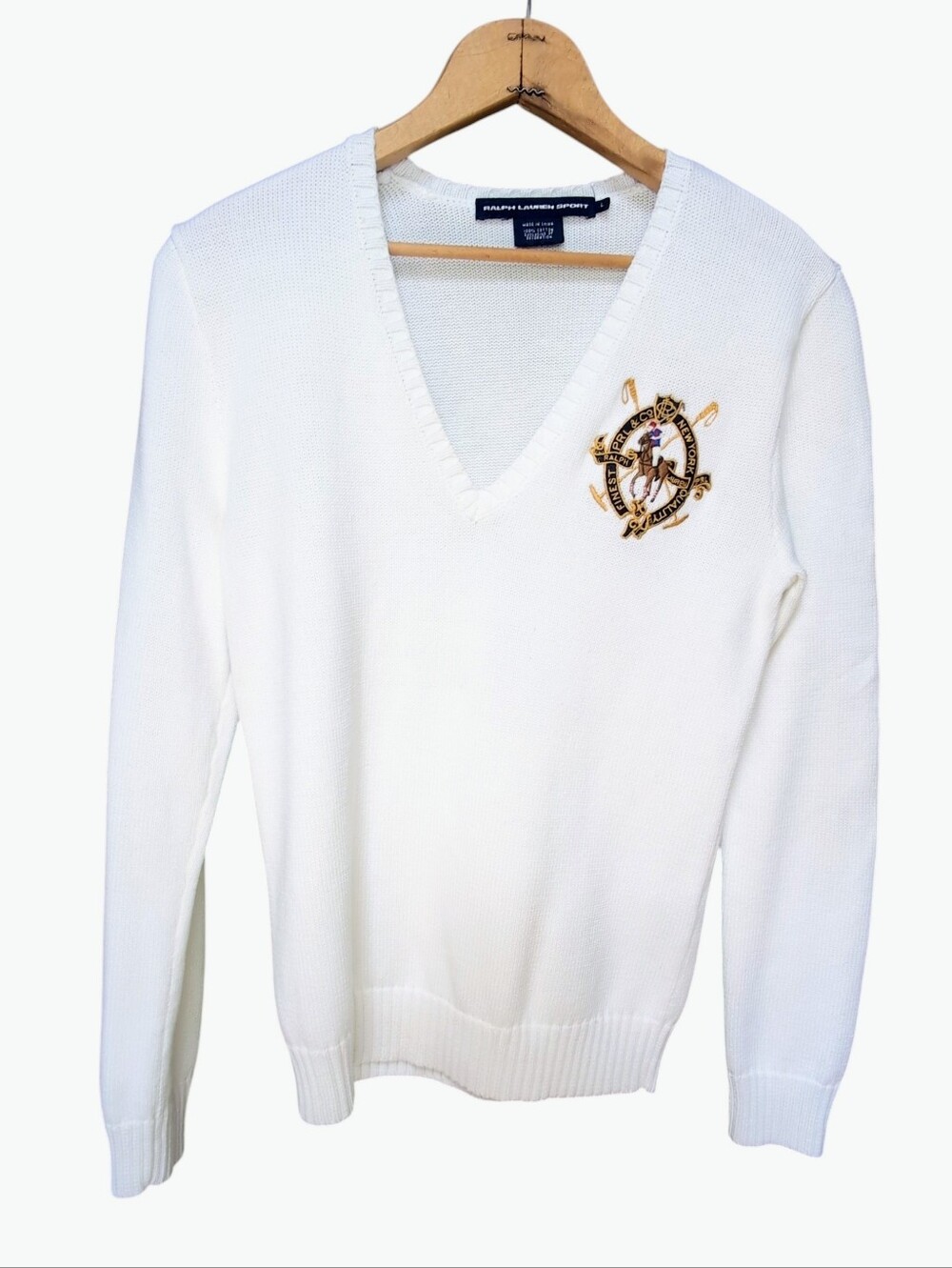 Ralph Lauren Sport White Logo V-neck Cotton Sweater Tight Knit Women's LARGE